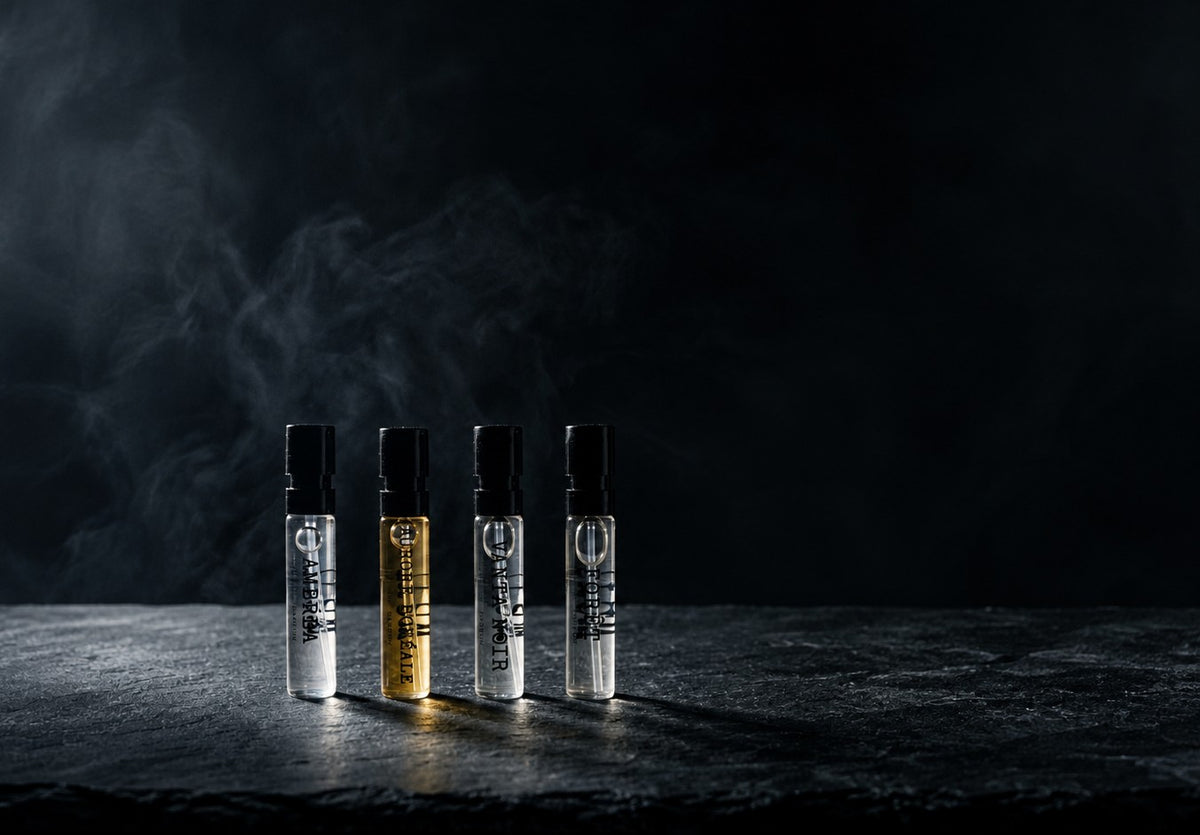 7RAW Discovery Ritual, four 2 ml eau de parfum vials on dark stone