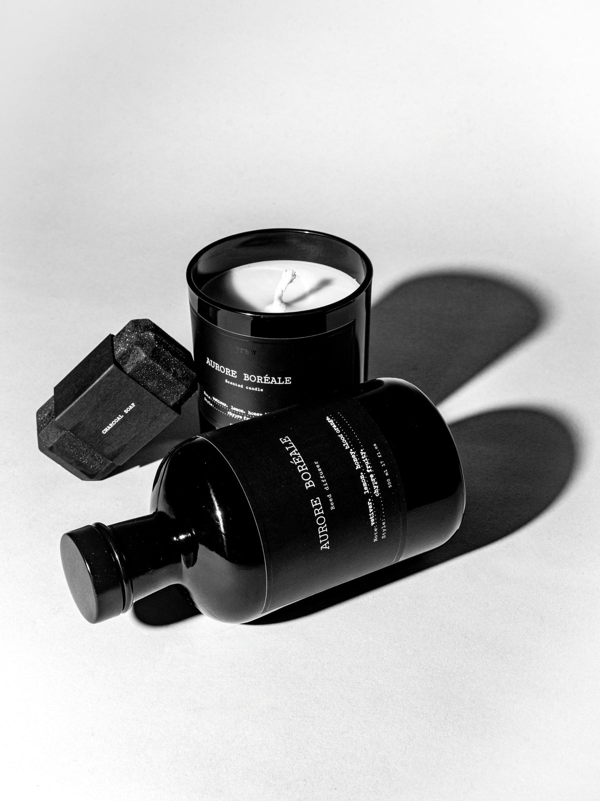 7Raw products in black glass